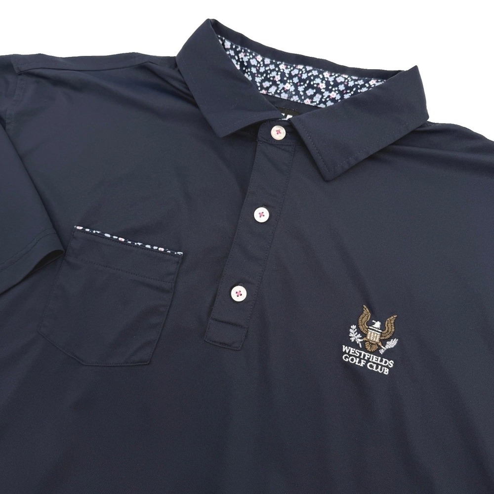 FootJoy Polo Shirt Mens 2XL Blue Floral Trim Stretch Westfields Golf Club Logo